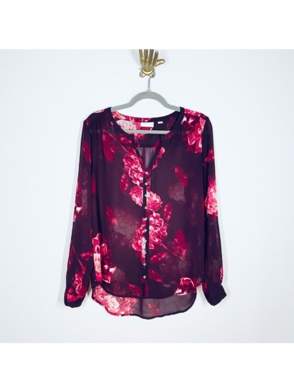 New York & Company Shear Floral Blouse in Shades of Burgundy Size M